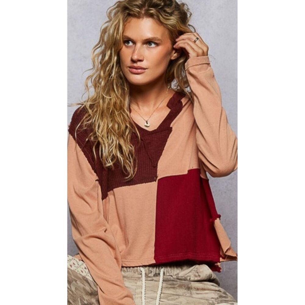 POL Patchwork Long Sleeve Top Raw Hem Distressed Earth Tones Size S